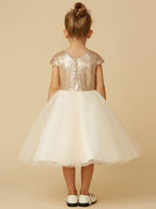 Kurzes Prinzessinnen-Kleid aus Tüll mit Pailletten und Rundhalsausschnitt, Festzugskleid für Blumenmädchen mit Ärmeln
