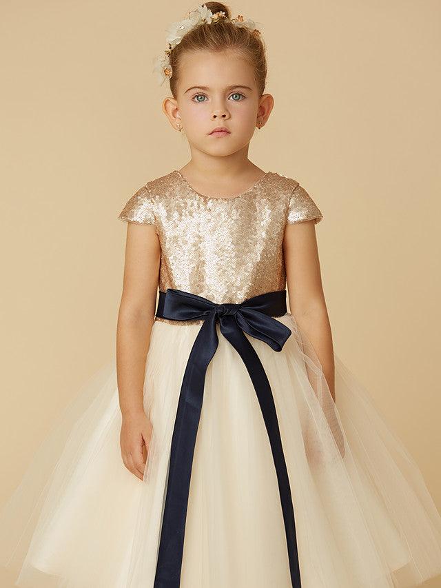 Kurzes Prinzessinnen-Kleid aus Tüll mit Pailletten und Rundhalsausschnitt, Festzugskleid für Blumenmädchen mit Ärmeln