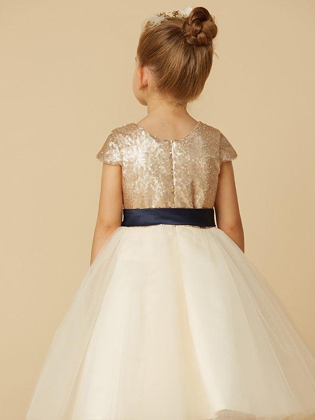 Kurzes Prinzessinnen-Kleid aus Tüll mit Pailletten und Rundhalsausschnitt, Festzugskleid für Blumenmädchen mit Ärmeln