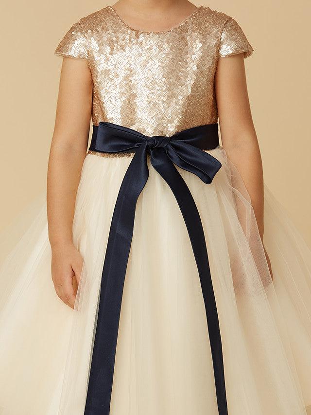 Kurzes Prinzessinnen-Kleid aus Tüll mit Pailletten und Rundhalsausschnitt, Festzugskleid für Blumenmädchen mit Ärmeln