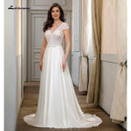 Vestidos de novia NumberSea con escote en V, espalda descubierta y encaje de manga corta