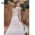 Vestidos de novia NumberSea de gasa con escote en V, manga corta y encaje, espalda descubierta
