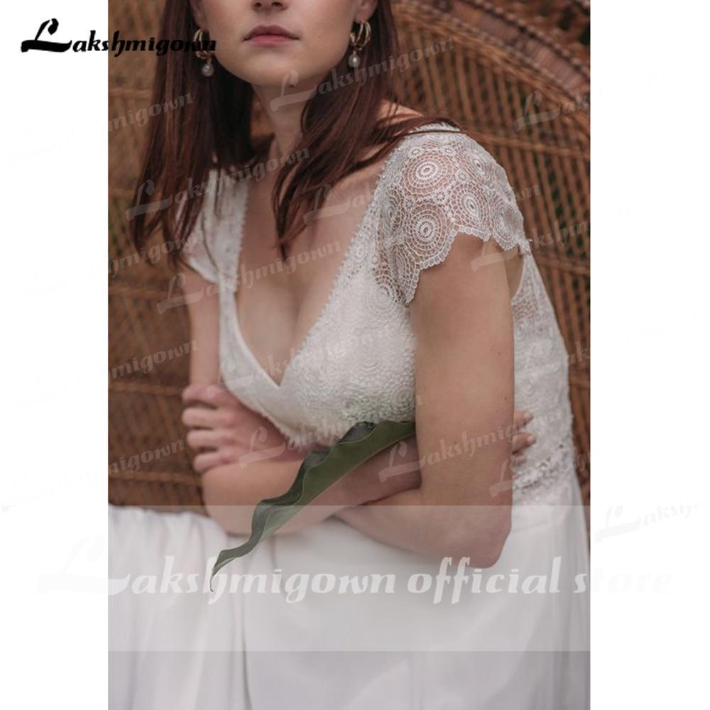 Vestidos de novia NumberSea de gasa con escote en V, manga corta y encaje, espalda descubierta