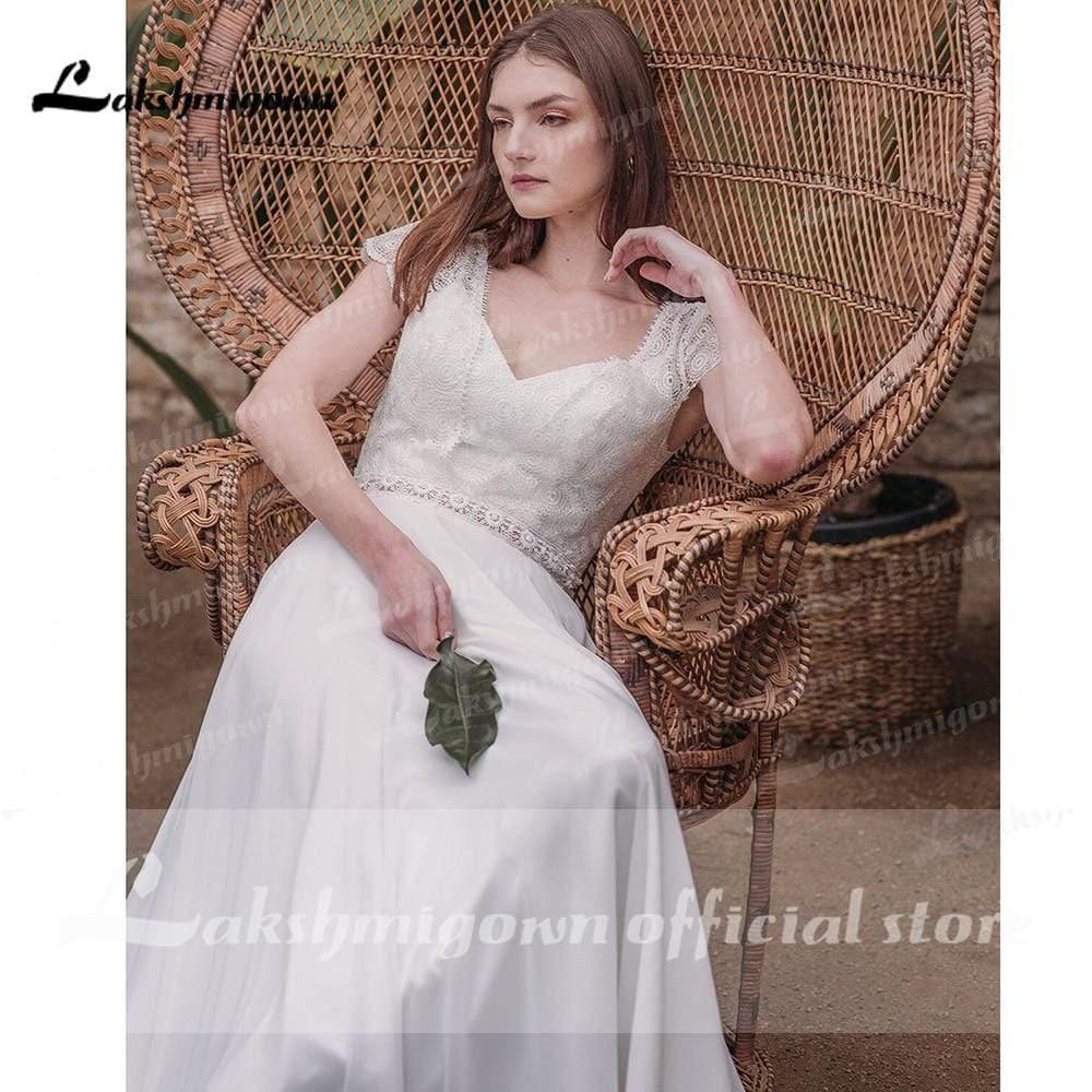 Vestidos de novia NumberSea de gasa con escote en V, manga corta y encaje, espalda descubierta