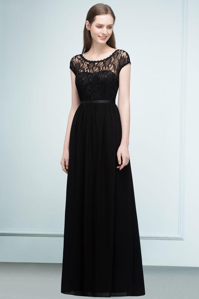 Vestidos de dama de honor de manga corta con encaje, corte A, largo hasta el suelo, con faja