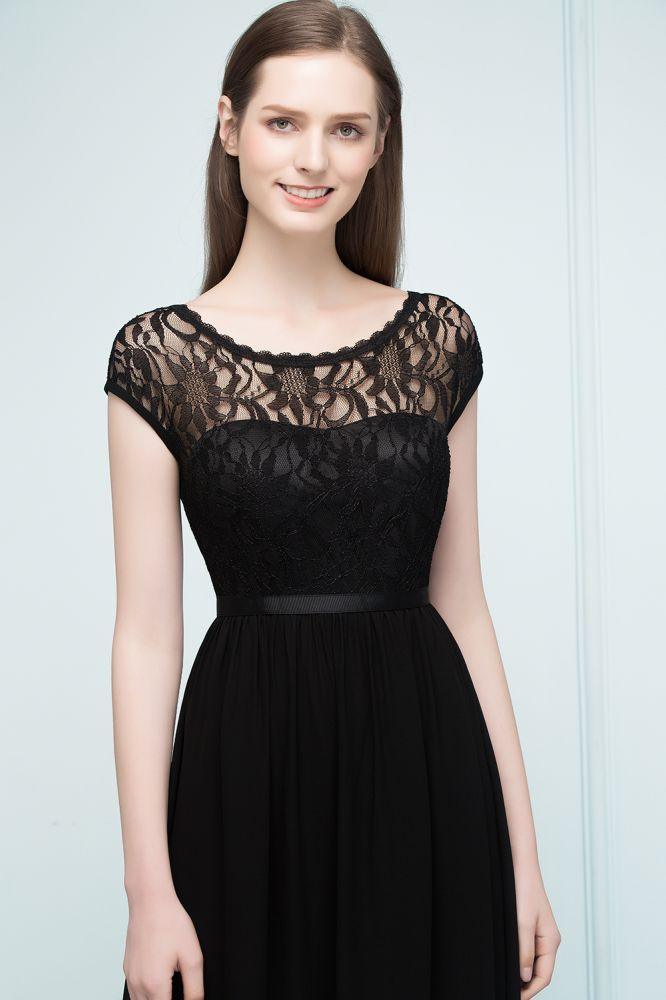 Vestidos de dama de honor de manga corta con encaje, corte A, largo hasta el suelo, con faja