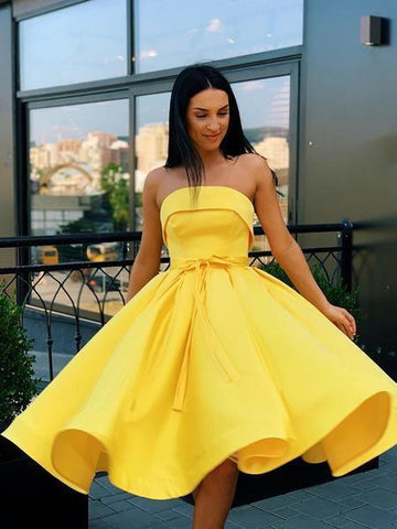 Short Strapless Pink Yellow Prom Dresses Formal Homecoming Dresses