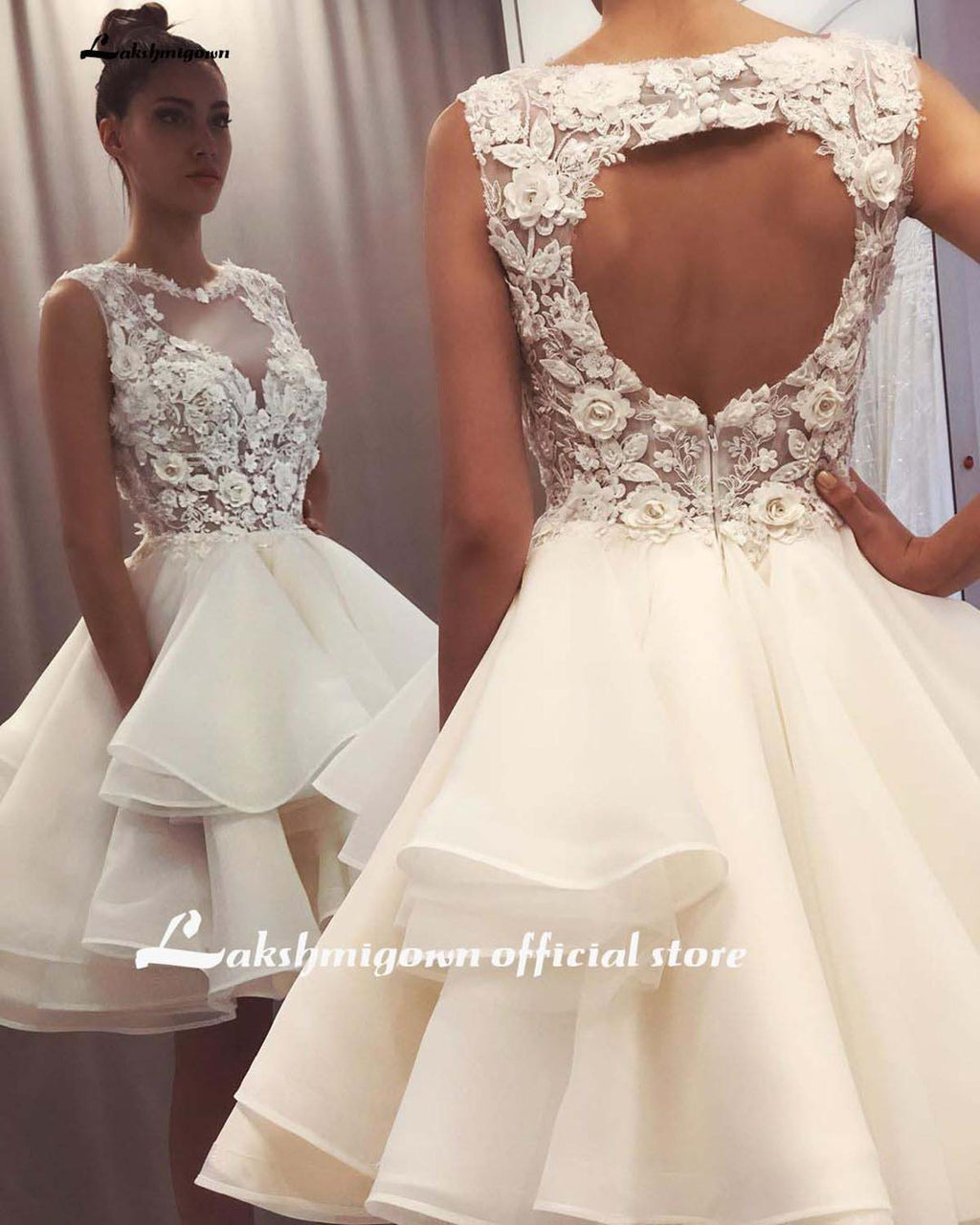 Vestido de novia corto NumberSea 2024 con apliques de flores y encaje en la parte superior.