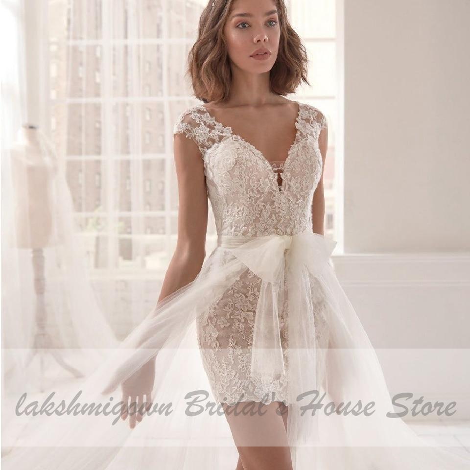 Vestido de novia corto NumberSea, estilo bohemio playero, estilo vintage, con encaje.