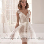 Vestido de novia corto NumberSea, estilo bohemio playero, estilo vintage, con encaje.