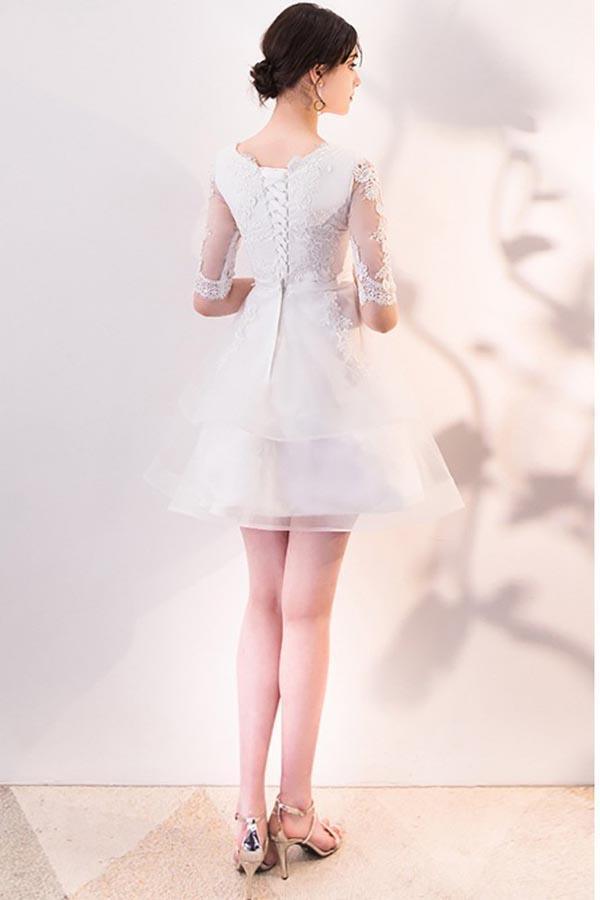 Short White Lace Ruffled Party Dress Homecoming Dresses With Half Sleeves