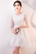 Short White Lace Ruffled Party Dress Homecoming Dresses With Half Sleeves
