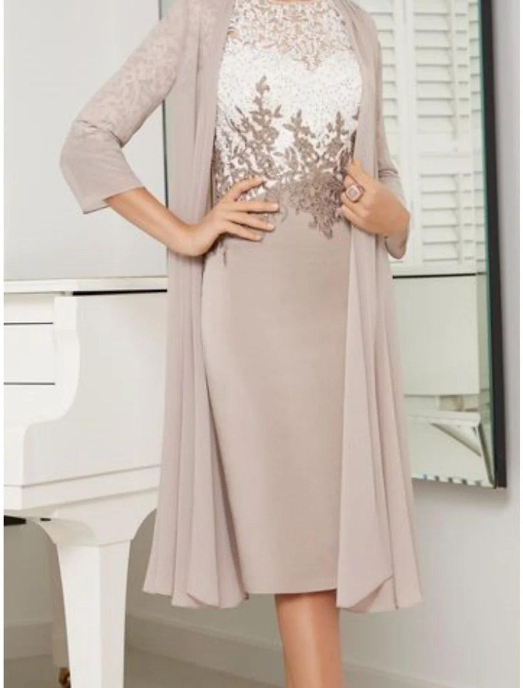 Two Piece Sheath / Column Mother of the Bride Dress Wedding Guest Elegant Petite Scoop Neck Knee Length Chiffon Lace 3/4 Length Sleeve with Ruching
