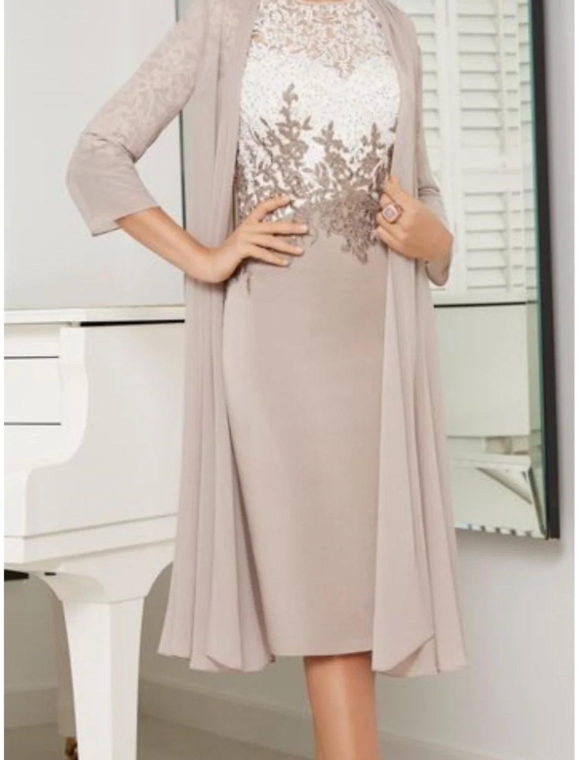 Two Piece Sheath / Column Mother of the Bride Dress Wedding Guest Elegant Petite Scoop Neck Knee Length Chiffon Lace 3/4 Length Sleeve with Ruching