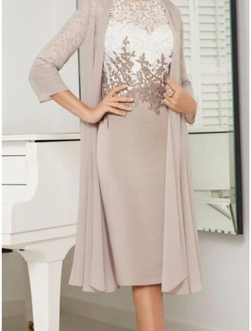 Vestido de dos piezas tipo tubo/columna para madre de la novia, elegante, pequeño, escote redondo, largo hasta la rodilla, de gasa, con encaje, manga 3/4 y fruncido.