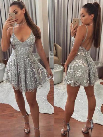 Silver Spaghetti Straps Backless V-neck Mini Short Homecoming Dress