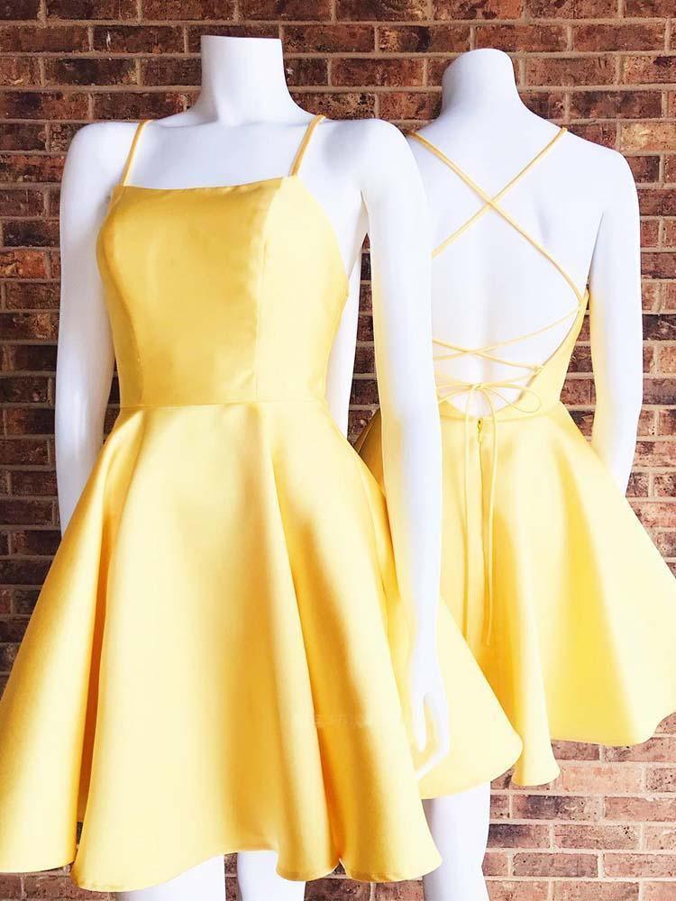 Vestido de fiesta corto amarillo con escote en A, espalda cruzada y bolsillos, PD280