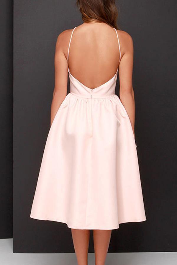 Vestido de fiesta sencillo de corte A, rosa, sin espalda, largo hasta la rodilla