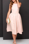 Vestido de fiesta sencillo de corte A, rosa, sin espalda, largo hasta la rodilla