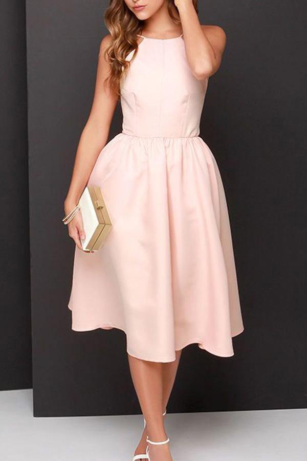 Vestido de fiesta sencillo de corte A, rosa, sin espalda, largo hasta la rodilla