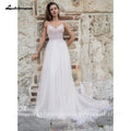 Vestido de novia NumberSea sencillo de encaje con escote en V y corte A, blanco, sin mangas