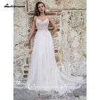 Vestido de novia NumberSea sencillo de encaje con escote en V y corte A, blanco, sin mangas