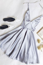 Simple A Line V Neck Light Blue Satin Homecoming Dresses with Pockets