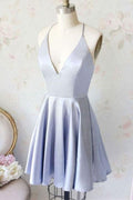 Simple A Line V Neck Light Blue Satin Homecoming Dresses with Pockets