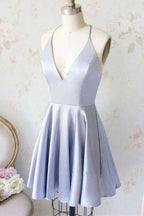Simple A Line V Neck Light Blue Satin Homecoming Dresses with Pockets