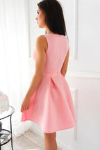 Vestido de fiesta de satén rosa plisado, corto, con escote en V y corte A