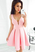 Vestido de fiesta de satén rosa plisado, corto, con escote en V y corte A