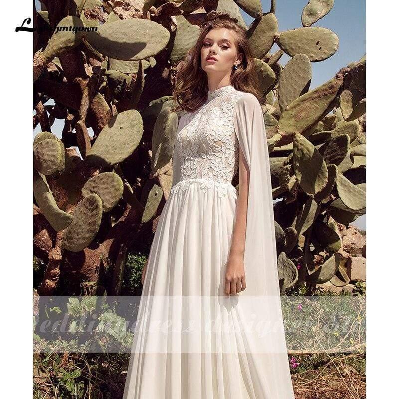 NumberSea Schlichte Strand-Boho-Brautkleider mit Cape, offenem Rücken und Spitze
