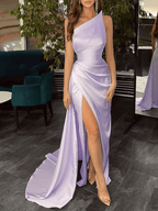 Vestidos de fiesta negros sencillos de corte sirena con abertura en el hombro y largo