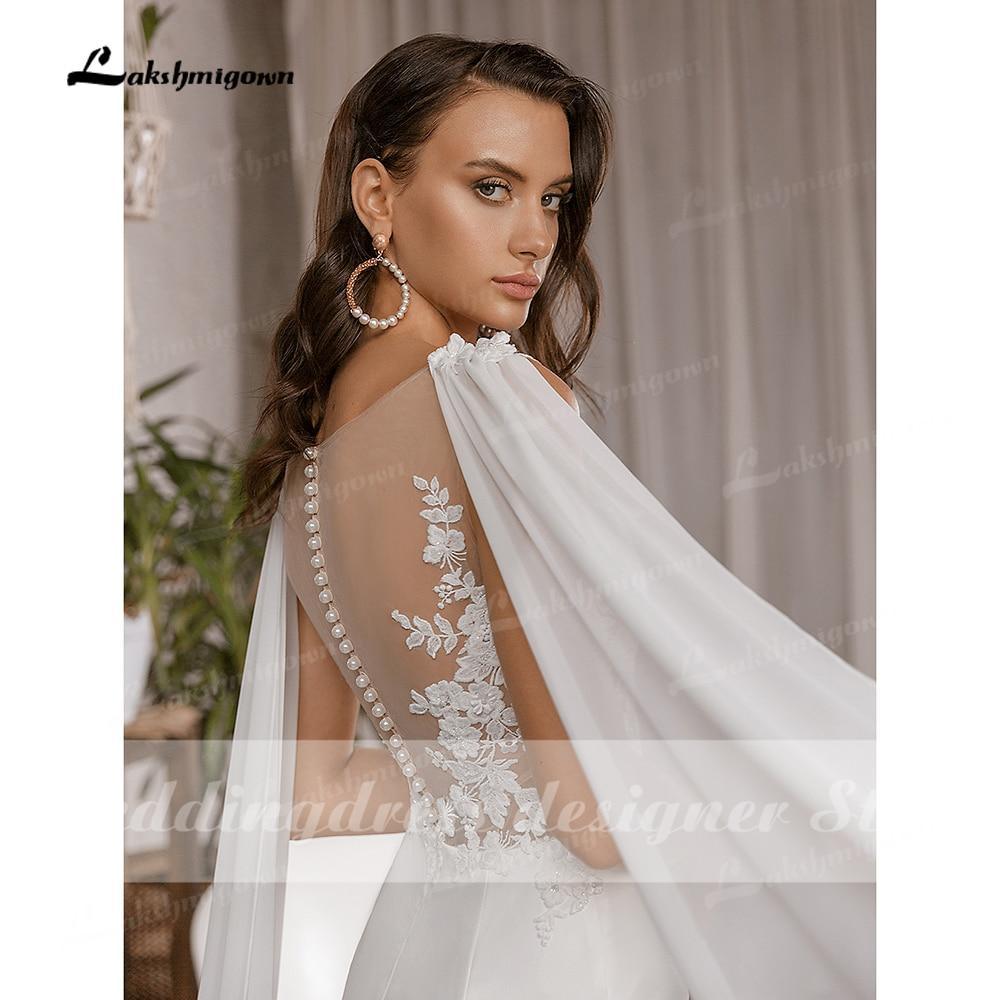 NumberSea - Vestidos de novia sencillos de sirena bohemios con gorro, sin mangas, cuello redondo, satén, elegantes apliques de encaje