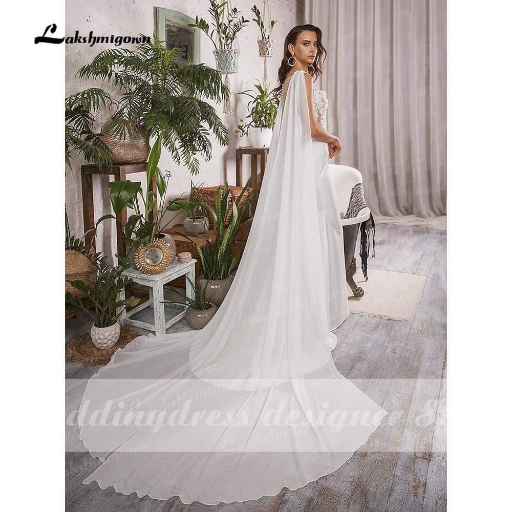 NumberSea - Vestidos de novia sencillos de sirena bohemios con gorro, sin mangas, cuello redondo, satén, elegantes apliques de encaje