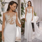 NumberSea - Vestidos de novia sencillos de sirena bohemios con gorro, sin mangas, cuello redondo, satén, elegantes apliques de encaje