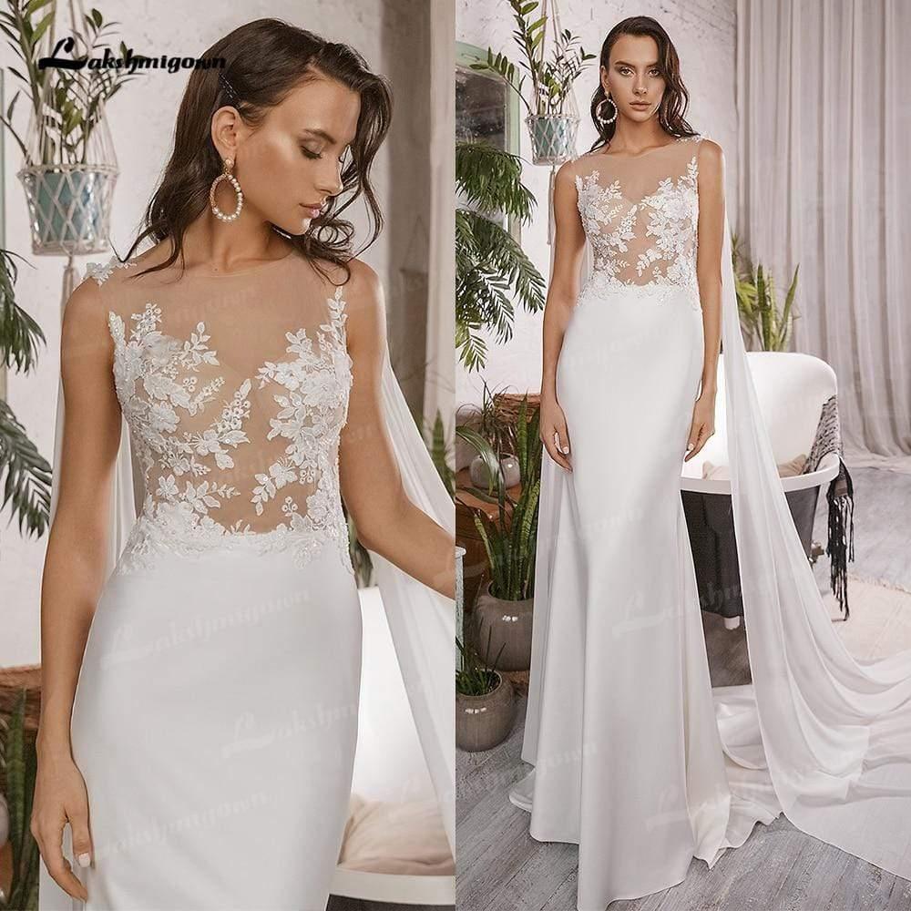 NumberSea - Vestidos de novia sencillos de sirena bohemios con gorro, sin mangas, cuello redondo, satén, elegantes apliques de encaje