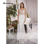 NumberSea - Vestidos de novia sencillos de sirena bohemios con gorro, sin mangas, cuello redondo, satén, elegantes apliques de encaje