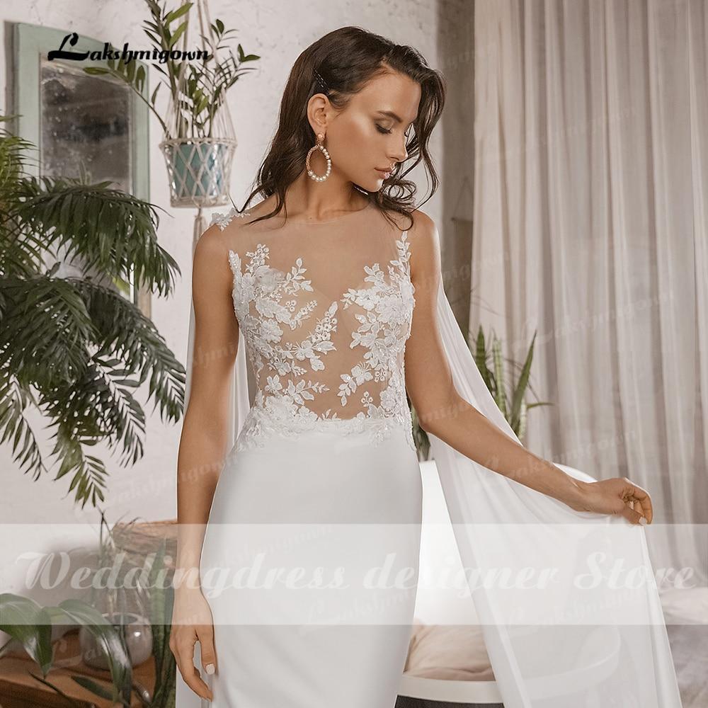 NumberSea - Vestidos de novia sencillos de sirena bohemios con gorro, sin mangas, cuello redondo, satén, elegantes apliques de encaje