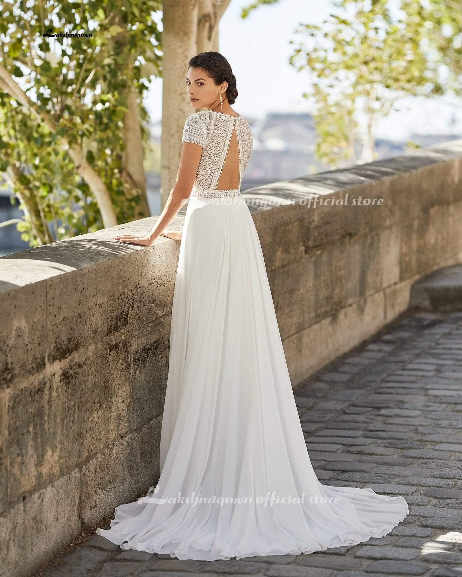 NumberSea Simple Cap Short Sleeve Beach Wedding Dress Lace Bodice