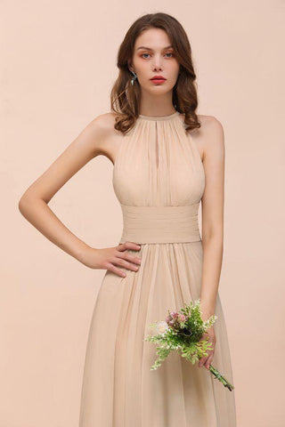 Simple Halter Champagne Slim Long Bridesmaid Dress