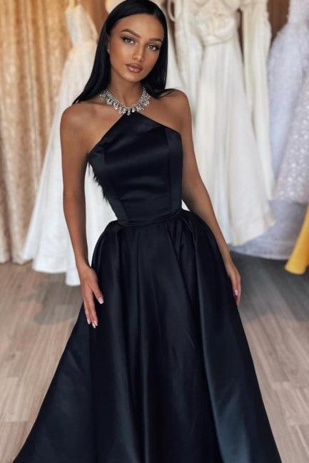 Vestido de fiesta negro largo, sencillo, de satén, sin mangas, corte A