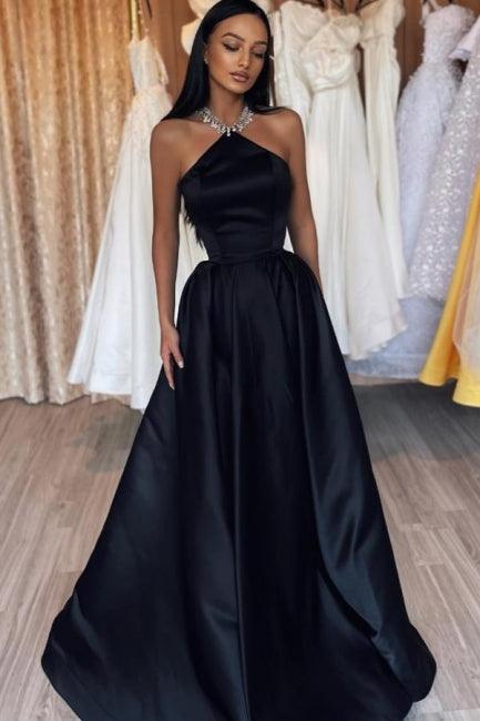 Vestido de fiesta negro largo, sencillo, de satén, sin mangas, corte A