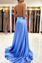 Einfaches langes blaues Abendkleid aus Satin mit V-Ausschnitt und Spaghettiträgern und Schlitz