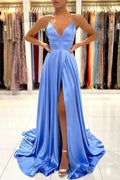 Einfaches langes blaues Abendkleid aus Satin mit V-Ausschnitt und Spaghettiträgern und Schlitz