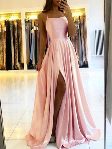 Simple Long Evening Dress Spaghetti Straps Prom Dresses With Slit