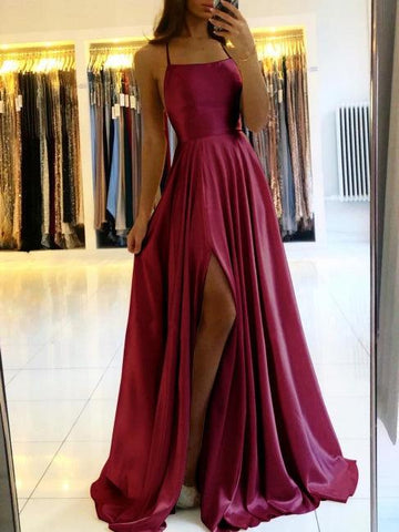 Simple Long Evening Dress Spaghetti Straps Prom Dresses With Slit