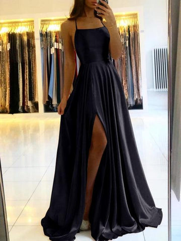 Simple Long Evening Dress Spaghetti Straps Prom Dresses With Slit