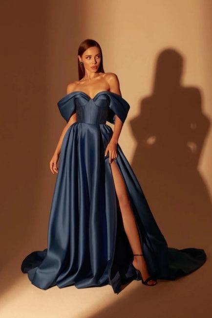 Vestidos de fiesta sencillos, largos, azul marino, corte A, hombros descubiertos y abertura