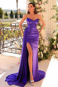 Vestido de fiesta sexy, sencillo, largo, morado, sin tirantes, de satén, con abertura